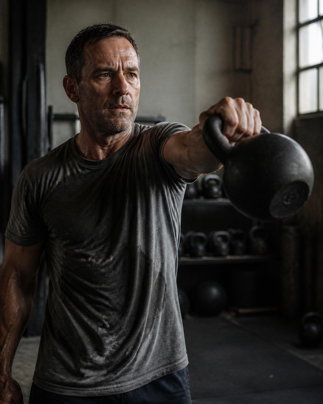 Man training with kettlebells